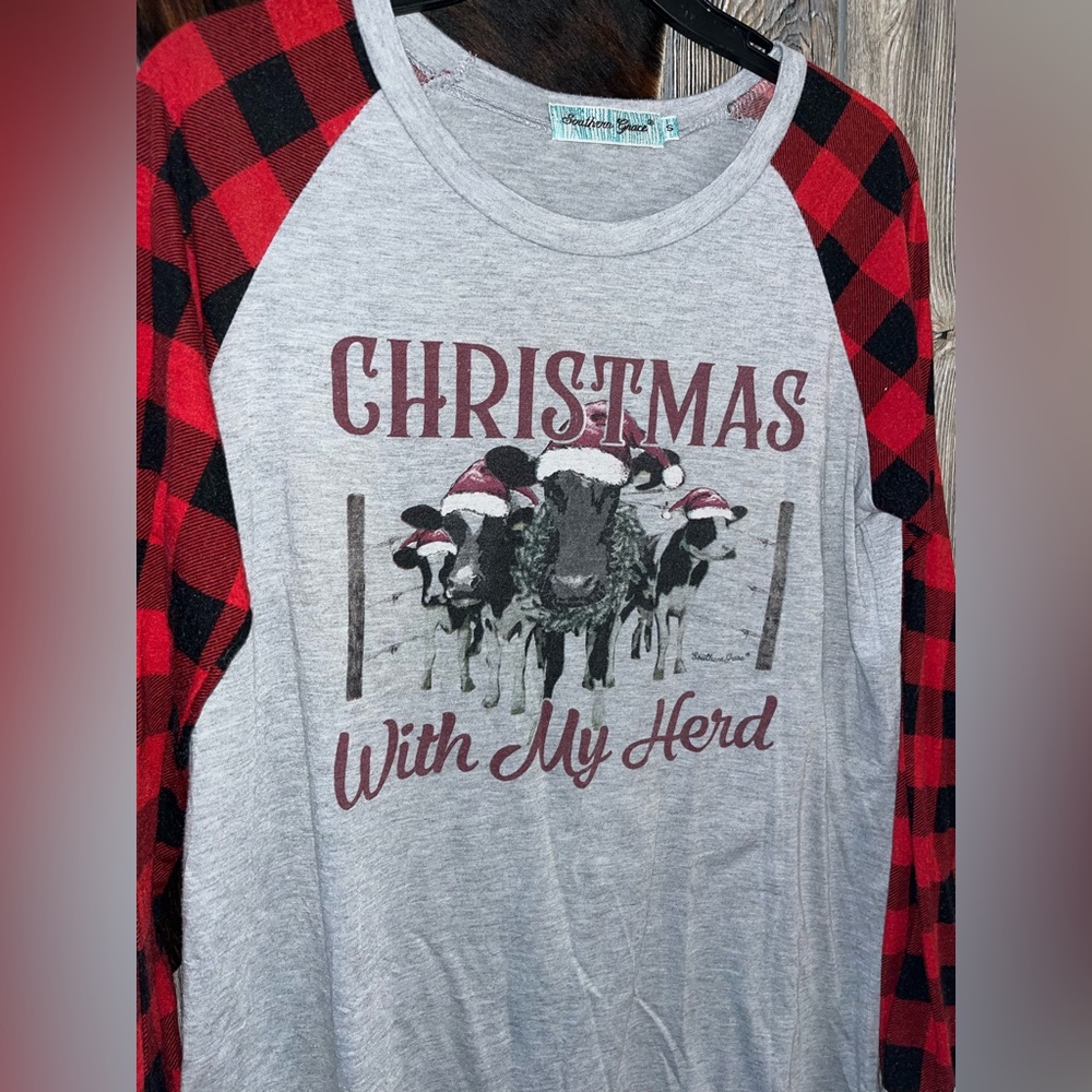Southern Grace “Christmas With My Herd” farmhouse Christmas long sleeve cow - Picture 2 of 4